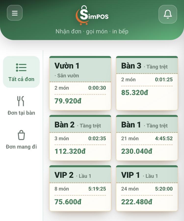 Giao diện quản lý đơn hàng SimPOS trên điện thoại